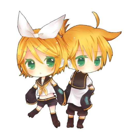 ou (swdp), kagamine len, kagamine rin, vocaloid, bad id, bad pixiv id, 1boy, 1girl, ahoge, brother and sister, chibi, green eyes, hair ornament, hair ribbon, hairclip, headphones, ribbon, short hair, shorts, siblings, twins