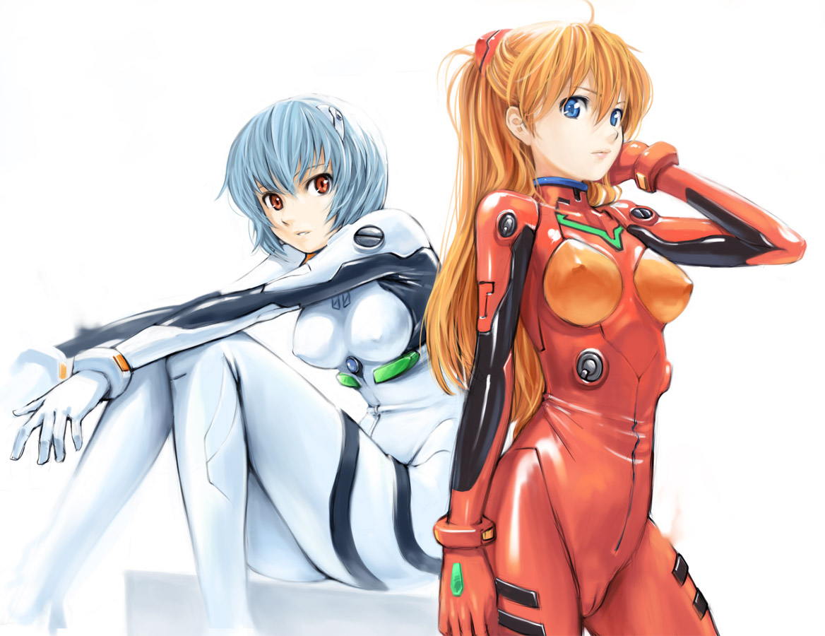 homunculus (alchemynote), ayanami rei, souryuu asuka langley, neon genesis evangelion, 2girls, blue eyes, blue hair, breasts, cameltoe, covered erect nipples, long hair, mecha pilot suit, medium breasts, multiple girls, orange hair, plugsuit (evangelion), red eyes