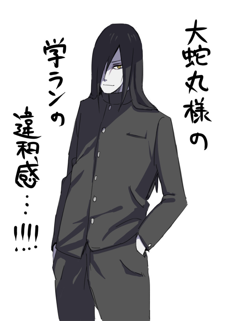 kamosuke, orochimaru (naruto), naruto (classic), naruto (series), commentary request, translation request, 1boy, black hair, black jacket, colored skin, cowboy shot, gakuran, hair over one eye, hands in pockets, jacket, light smile, long hair, male focus, school uniform, solo, white skin, yellow eyes
