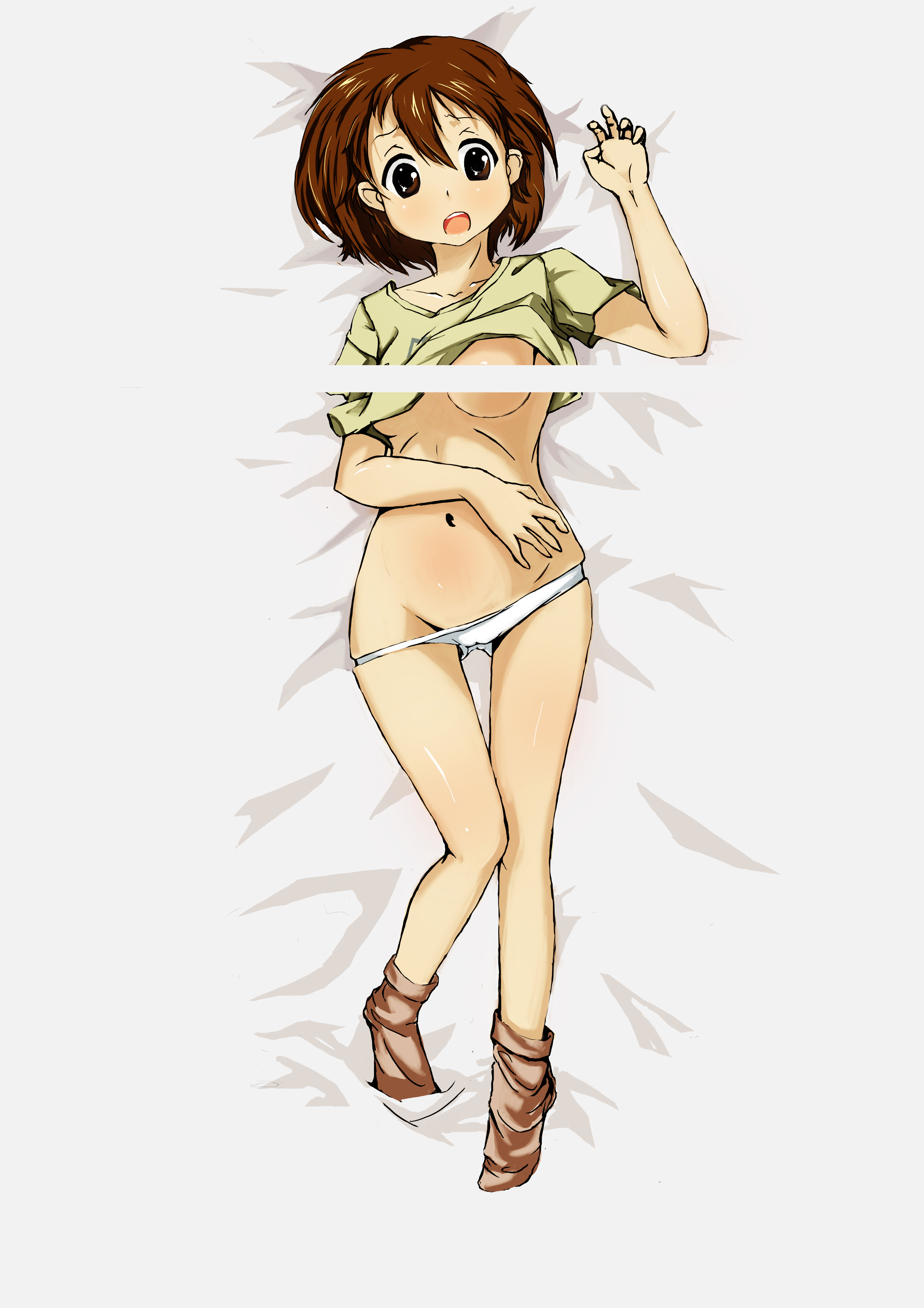 relivem, uppun gatamaru yume, hirasawa yui, k-on!, absurdres, bad id, bad pixiv id, highres, 00s, 1girl, bed, breasts, brown eyes, brown hair, cameltoe, censored, dakimakura (medium), female focus, full body, groin, lowleg, lowleg panties, lying, navel, no pants, on back, open mouth, panties, panty pull, shirt, short hair, socks, solo, thigh gap, thighs, underboob, underwear, white panties