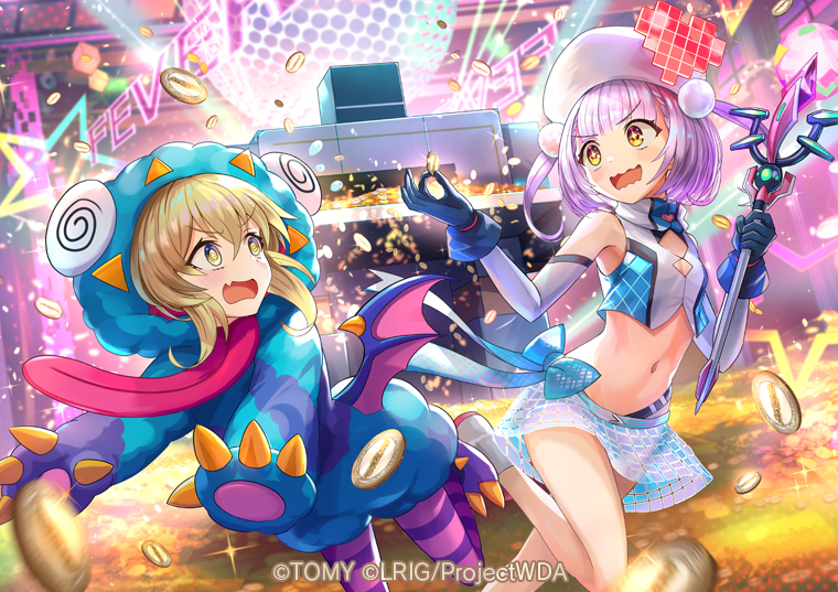 hokuyuu, wixoss, wixoss diva(a)live, character request, official art, 2girls, blonde hair, blue gloves, breasts, coin, copyright notice, dr. tamago, gloves, hat, holding, holding coin, holding wand, looking at viewer, multiple girls, navel, open mouth, pantyhose, pink hair, shirt, shoes, skirt, small breasts, socks, striped clothes, striped pantyhose, wand, white hat, white shirt, white shoes, white skirt, white socks, yellow eyes
