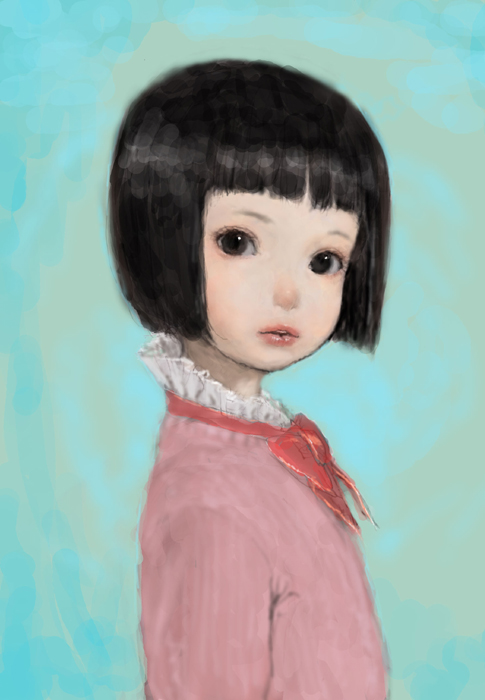 ponsuke (pon00000), original, bad id, bad pixiv id, 1girl, black hair, blunt bangs, bob cut, bow, bowtie, child, female focus, frills, open mouth, sideways, solo