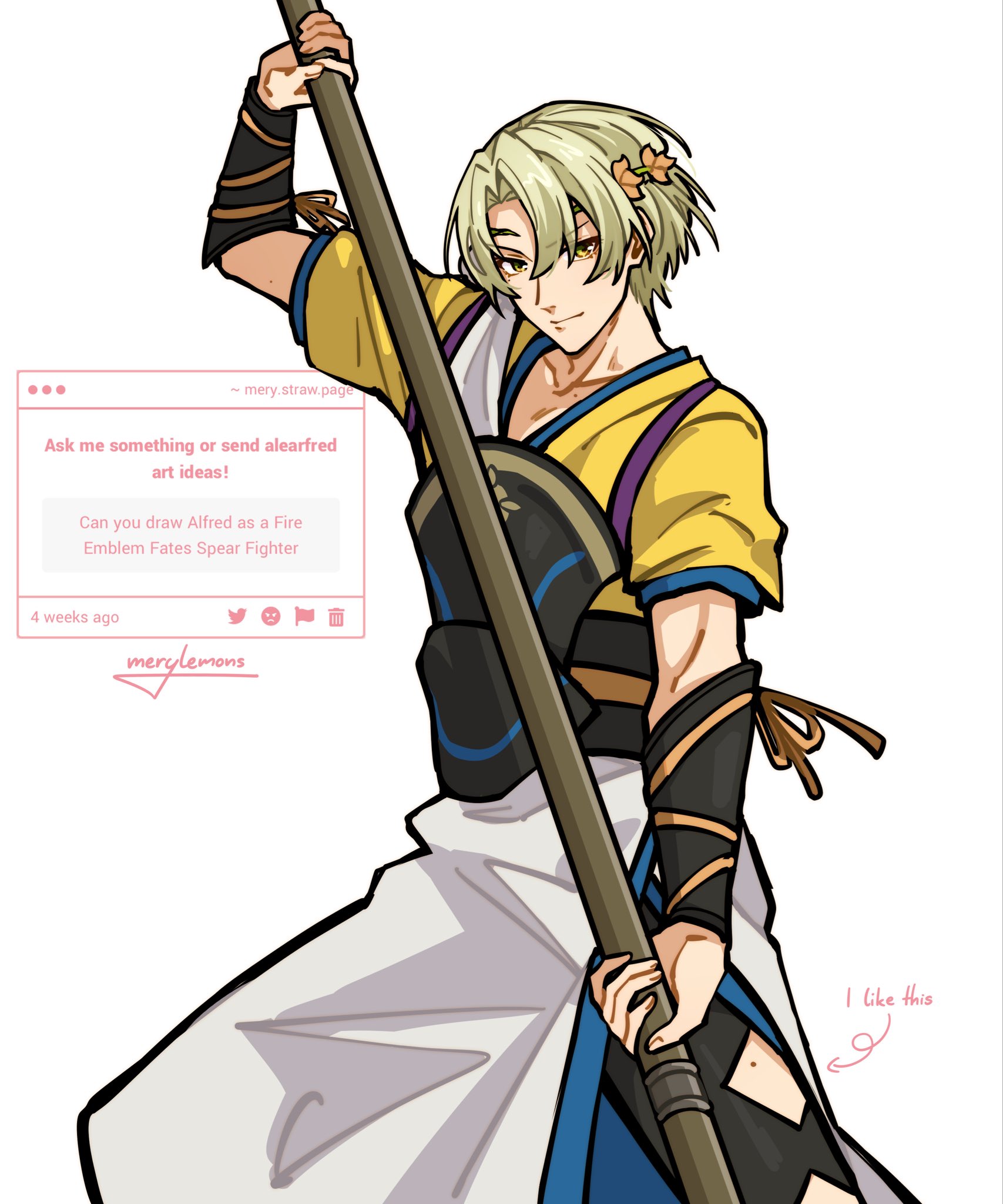 merylemons, alfred (fire emblem), shiro (fire emblem), fire emblem, fire emblem engage, fire emblem fates, nintendo, highres, 1boy, blonde hair, closed mouth, cosplay, green eyes, holding, holding polearm, holding weapon, looking at viewer, male focus, polearm, prince, shiro (fire emblem) (cosplay), short hair, weapon
