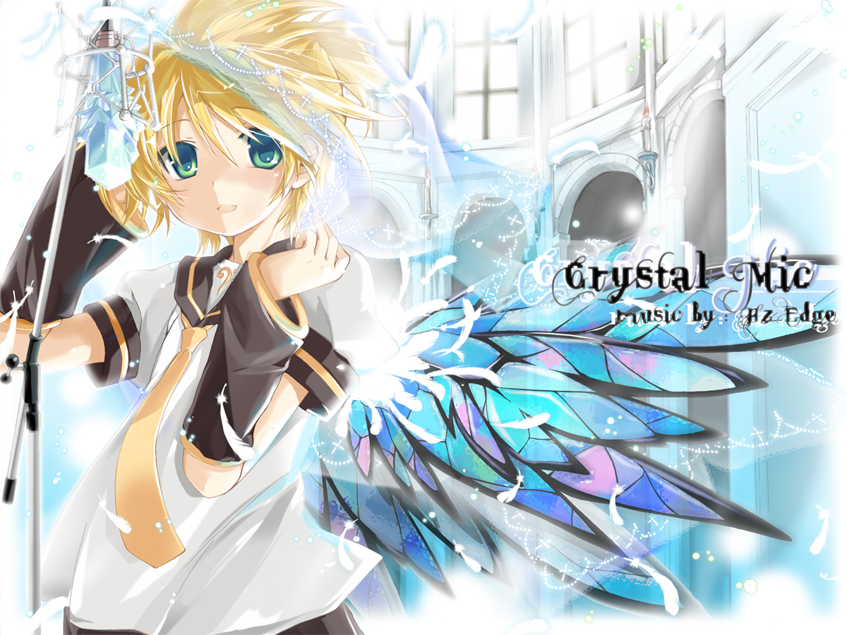 hekicha, kagamine len, vocaloid, 1boy, aqua hair, blue eyes, candle, church, feathers, male focus, microphone, microphone stand, necktie, solo, wings, yellow necktie