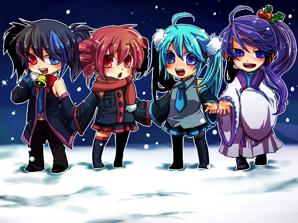 ui (rot), hatsune miku, kamui gakupo, kasane teto, kasane teto (utau), yokune ruko, utau, vocaloid, 1boy, 3girls, ahoge, aqua hair, bell, black hair, blue eyes, blue necktie, chibi, crossover, drill hair, heterochromia, long hair, multiple girls, necktie, ponytail, purple hair, red eyes, red hair, red scarf, scarf, smile, snow, thighhighs, twin drills, twintails