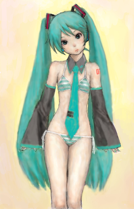 ponsuke (pon00000), hatsune miku, vocaloid, bad id, bad pixiv id, 1girl, aqua hair, bikini, breasts, collar, detached collar, detached sleeves, female focus, flat chest, head tilt, long hair, necktie, side-tie bikini bottom, small breasts, solo, staring, striped bikini, striped clothes, swimsuit, tie clip, twintails, very long hair