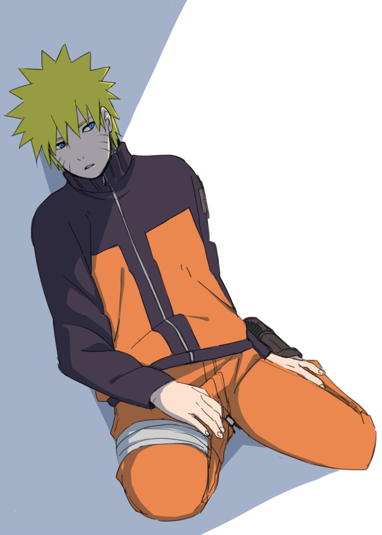 kamosuke, uzumaki naruto, naruto (series), naruto shippuuden, commentary request, 1boy, blonde hair, blue eyes, facial mark, jacket, male focus, orange jacket, orange pants, pants, shade, sitting, solo, spiked hair, whisker markings