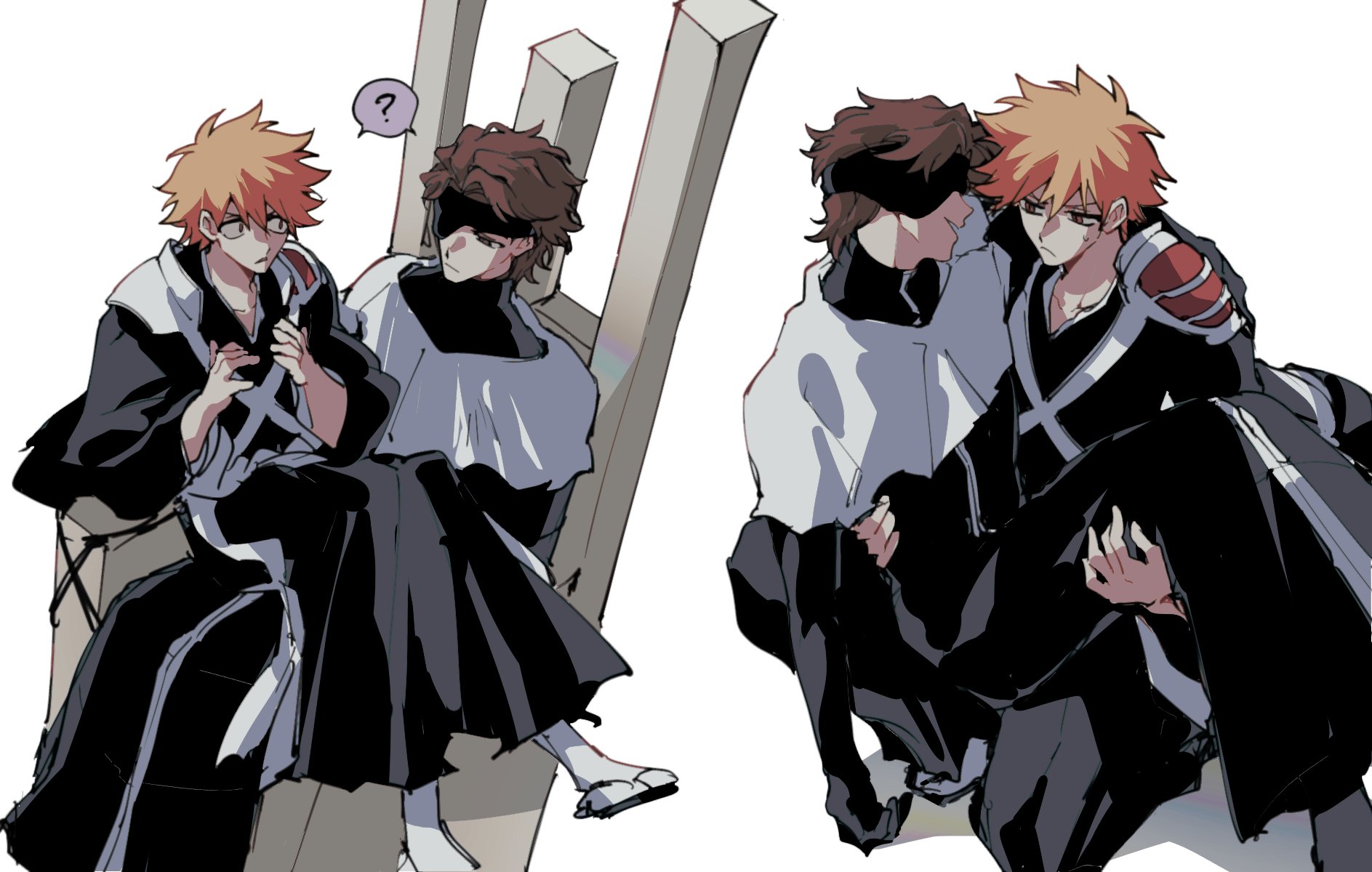 aizen sousuke, kurosaki ichigo, bleach, highres, 2boys, ?, armor, black kimono, brown hair, chest strap, eyepatch, frown, furrowed brow, hair between eyes, japanese clothes, kimono, looking at another, male focus, multiple boys, multiple views, n ep tune2, orange hair, parted lips, sandals, shared speech bubble, short hair, shoulder armor, smile, socks, speech bubble, spiked hair, spoken question mark, sweatdrop, tabi, white background, white socks, yaoi