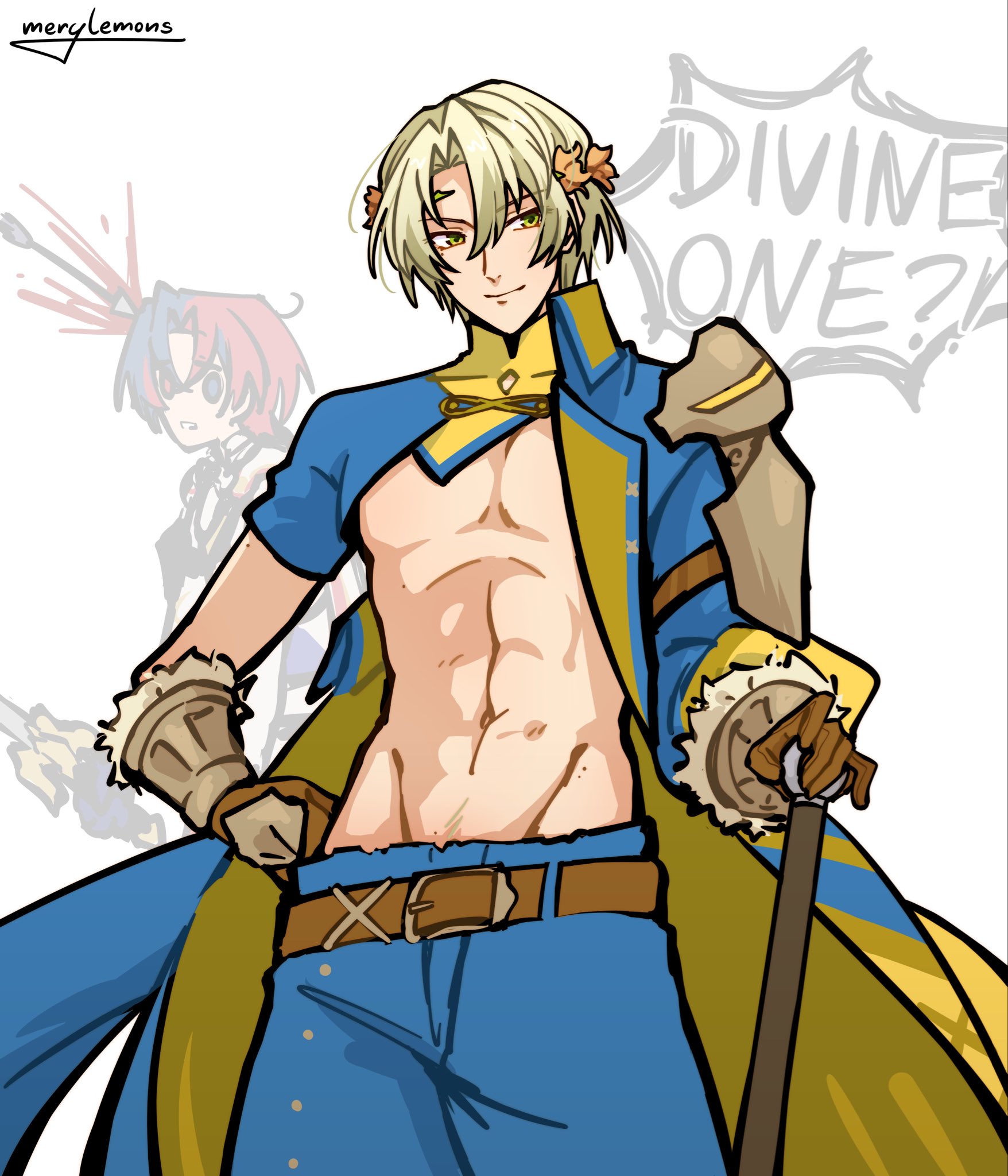 merylemons, alfred (fire emblem), male alear (fire emblem), fire emblem, fire emblem engage, nintendo, highres, 2boys, abs, alternate costume, belt, blonde hair, blue hair, closed mouth, green eyes, holding, holding polearm, holding weapon, multiple boys, polearm, prince, red hair, weapon