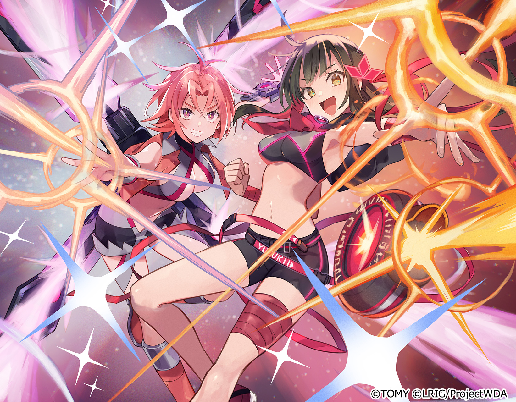 yuko (uc yuk), yuzuki (wixoss), wixoss, character request, highres, official art, 2girls, black shorts, black tube top, breasts, brown hair, cleavage, cleavage cutout, clothing cutout, copyright notice, flower, gloves, hair flower, hair ornament, looking at viewer, medium breasts, multiple girls, pink eyes, pink hair, short shorts, shorts, strapless, thigh strap, tube top, white gloves, yellow eyes