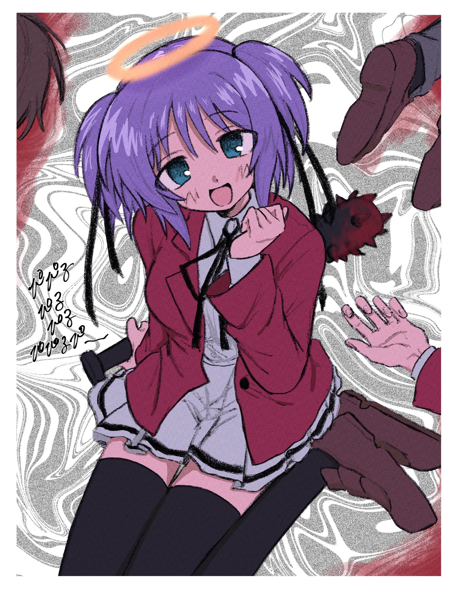 ni (yawarakahonpo), mitsukai dokuro, bokusatsu tenshi dokuro-chan, highres, 1girl, angel, black ribbon, black thighhighs, blazer, blood, bloody weapon, blush, club, club (weapon), collared shirt, excalibolg, green eyes, grin, hair ribbon, halo, holding, holding club, holding weapon, jacket, loafers, long sleeves, looking at viewer, neck ribbon, open clothes, open mouth, pleated skirt, purple hair, red jacket, ribbon, school uniform, shirt, shoes, short hair, sitting, skirt, smile, solo focus, spiked club, thighhighs, traditional halo, two side up, weapon, white shirt, white skirt, zettai ryouiki