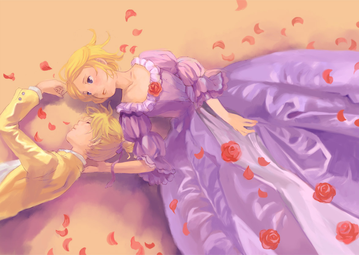 batako, allen avadonia, kagamine len, kagamine rin, aku no musume (vocaloid), evillious nendaiki, vocaloid, 1boy, 1girl, blonde hair, blue eyes, brother and sister, dress, hair ribbon, lying, on back, on side, ribbon, short hair, siblings, twins