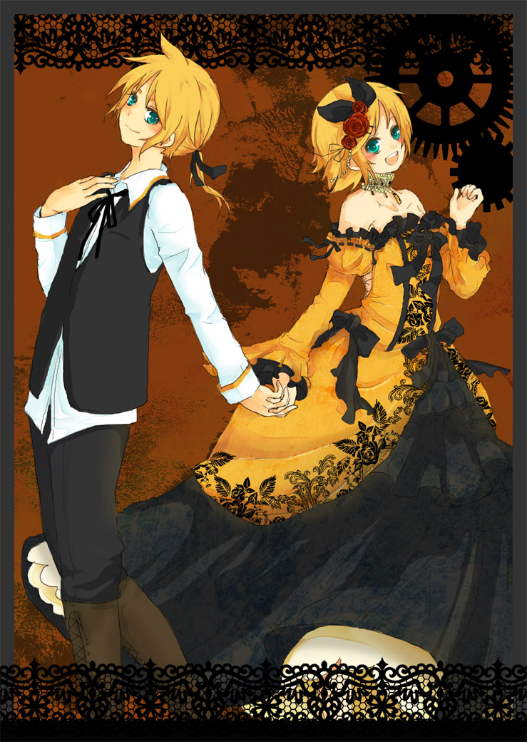 mikanniro, poo (saku), allen avadonia, kagamine len, kagamine rin, riliane lucifen d'autriche, aku no musume (vocaloid), evillious nendaiki, vocaloid, bad id, bad pixiv id, 1boy, 1girl, blonde hair, blue eyes, brother and sister, detached sleeves, dress, flower, frills, hair ribbon, ribbon, rose, short hair, siblings, twins