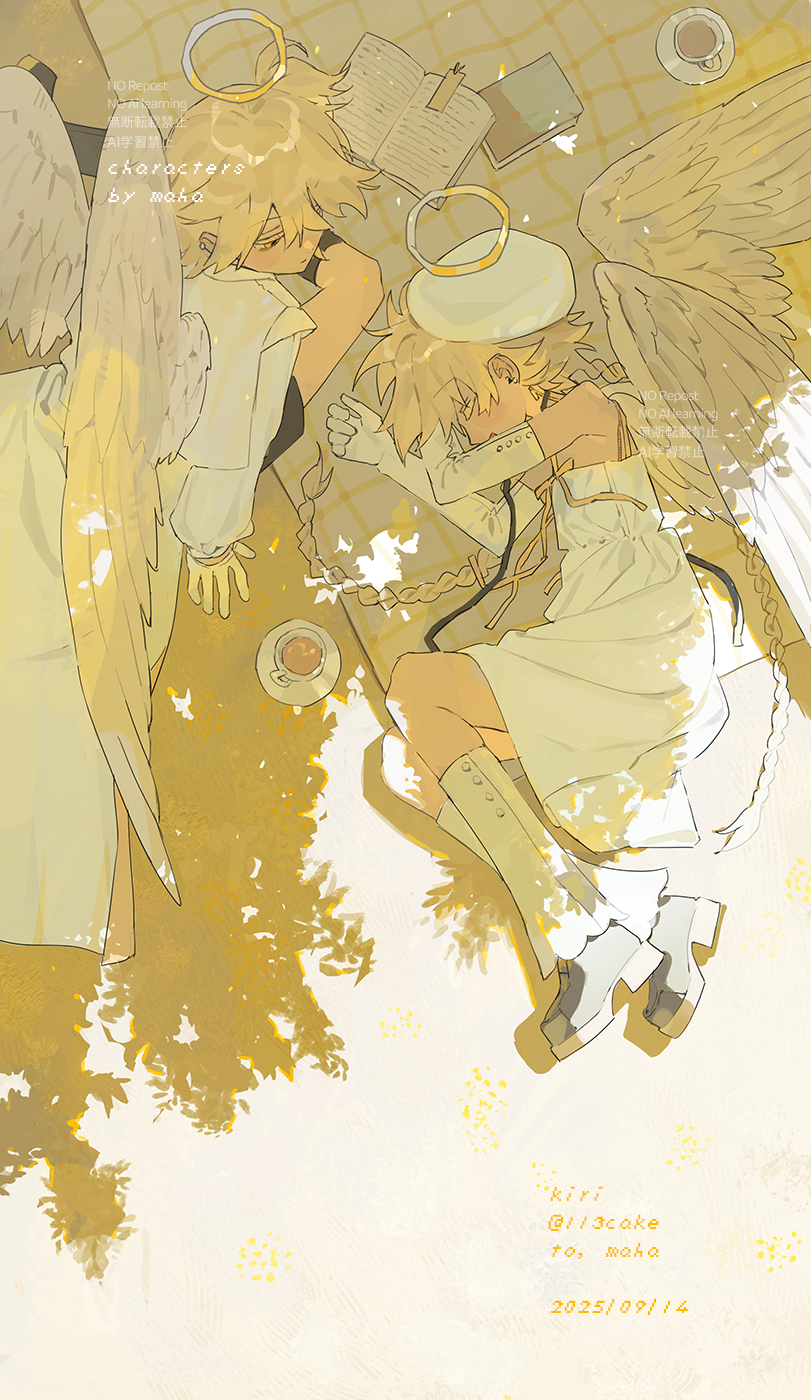 mumukyabi, original, highres, 1boy, 1girl, bare shoulders, black shoes, black shorts, blonde hair, book, borrowed character, braid, closed eyes, cup, dated, dress, ear piercing, earrings, elbow gloves, english text, feathered wings, from above, gloves, halo, jacket, jewelry, long hair, lying, on side, open book, outdoors, picnic blanket, piercing, ribbon, saucer, shoes, shorts, stud earrings, teacup, white dress, white gloves, white jacket, wings, yellow eyes, yellow ribbon, yellow theme