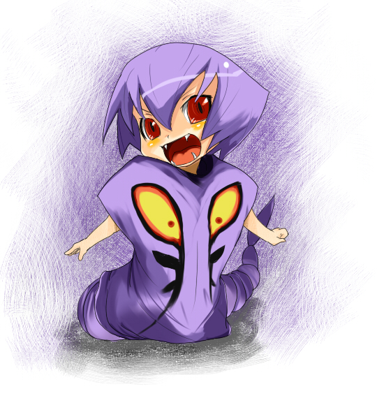 loggy, arbok, moemon, nintendo, pokemon, 1girl, costume, fangs, female focus, gen 1 pokemon, personification, pokemon (creature), purple hair, red eyes, simple background, solo, white background