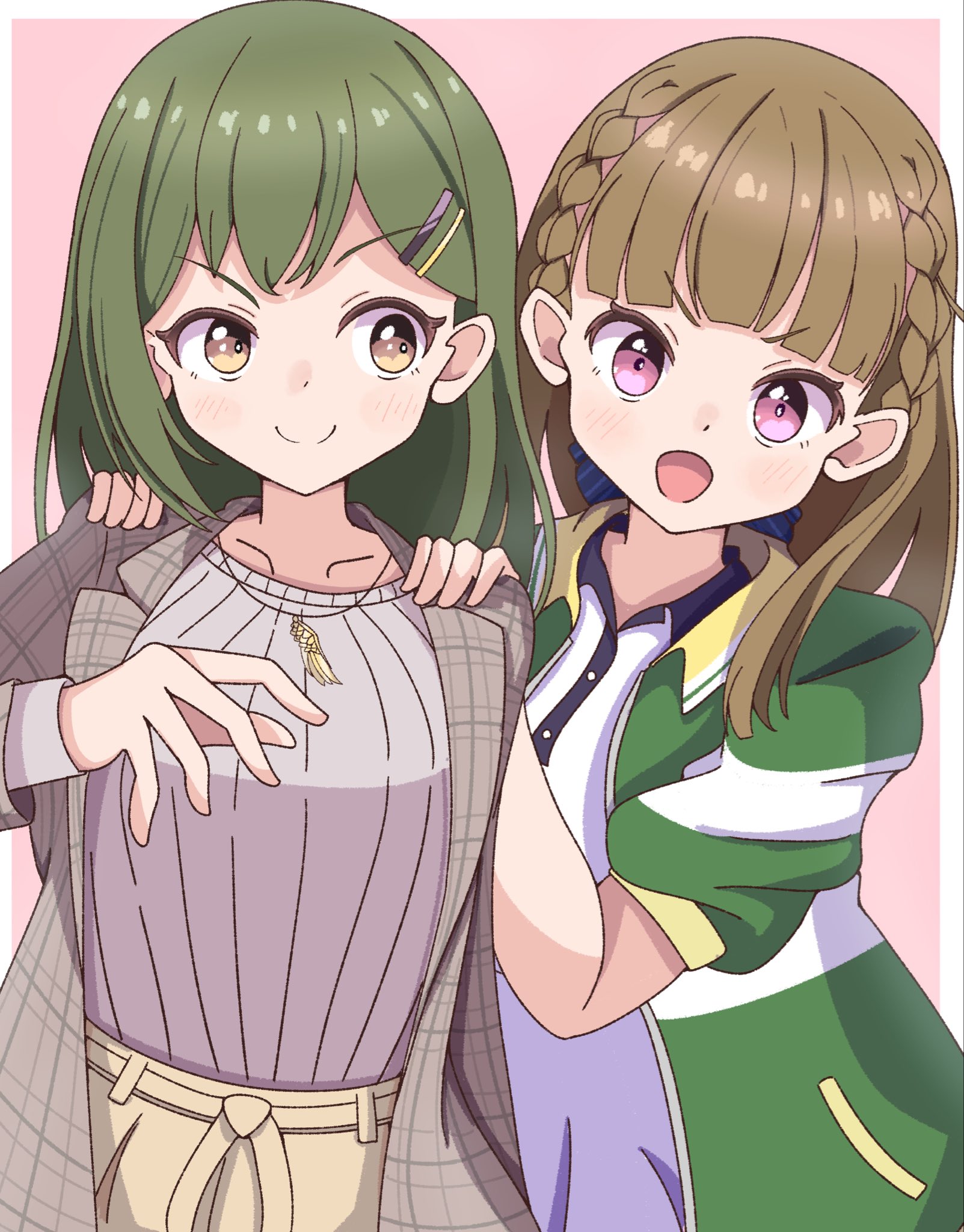 tange murasaki, kachimachi kosuzu, kachimachi kosuzu (winter training wear), ogami sachi, link! like! love live!, love live!, commentary request, highres, >:), 2girls, :d, border, braid, breasts, brown eyes, brown hair, center-flap bangs, coat, collarbone, green hair, green jacket, grey sweater, hair ornament, hairclip, hands on another's shoulders, jacket, jewelry, large breasts, looking at another, looking at viewer, multiple girls, necklace, official alternate costume, ogami sachi (post-graduation), open clothes, open coat, open jacket, open mouth, outside border, parallel hairclips, pink background, pink hair, plaid clothes, plaid coat, polo shirt, shirt, short-sleeved jacket, short sleeves, side braids, simple background, smile, sweater, upper body, v-shaped eyebrows, virtual youtuber, white border, white shirt