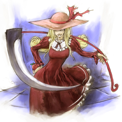 cervus, elly (touhou), lotus land story, touhou, touhou (pc-98), lowres, 1girl, blonde hair, blue background, dress, female focus, hat, one-eyed, red dress, scythe, smile, solo, weapon