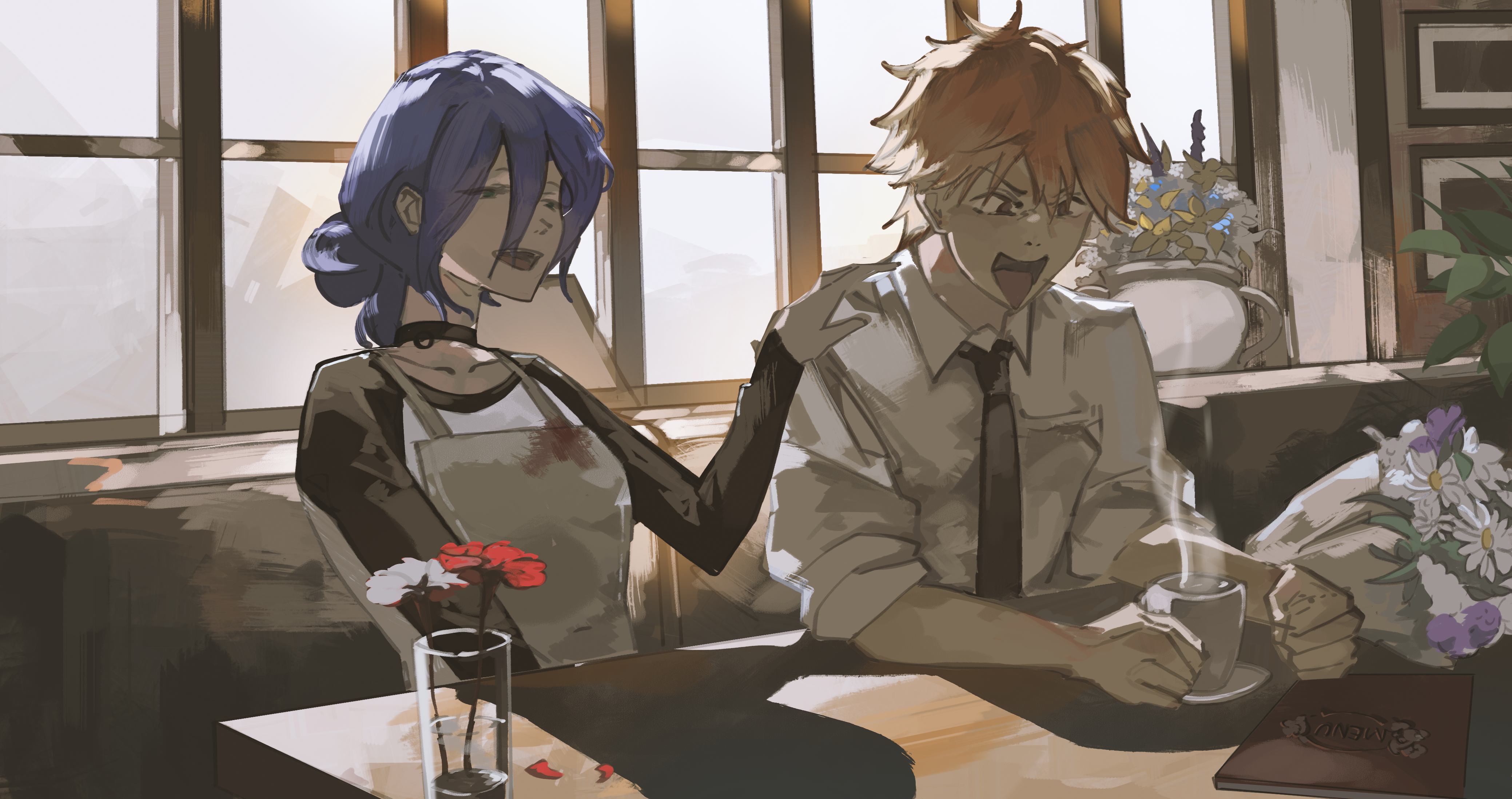 saturn (saturn illus), denji (chainsaw man), reze (chainsaw man), chainsaw man, absurdres, highres, 1boy, 1girl, apron, black choker, black necktie, blue hair, bouquet, brown eyes, choker, collared shirt, cup, flower, grey apron, hair between eyes, hair bun, indoors, necktie, open mouth, orange hair, red flower, shirt, sleeves rolled up, table, tongue, tongue out, white flower, white shirt, window