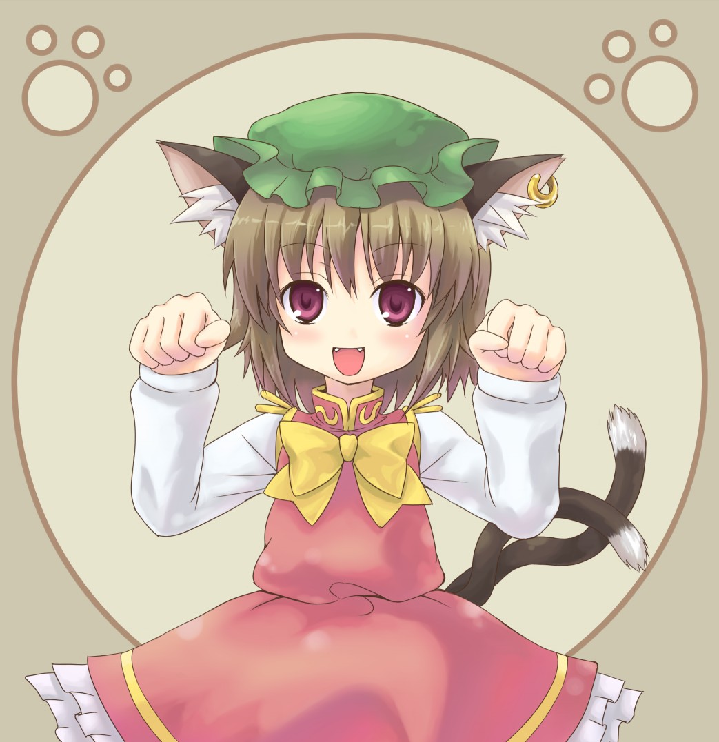 betanya, chen, touhou, 1girl, animal ears, brown hair, cat ears, cat girl, cat tail, dress, earrings, fangs, female focus, happy, hat, jewelry, multiple tails, paw pose, paw print, purple eyes, short hair, solo, tail