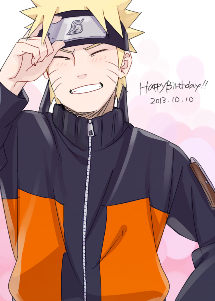 kamosuke, uzumaki naruto, naruto (series), naruto shippuuden, commentary request, 1boy, black headband, black jacket, blonde hair, closed eyes, dated, forehead protector, grin, happy birthday, headband, jacket, male focus, multicolored jacket, orange jacket, smile, solo, spiked hair, two-tone jacket, upper body