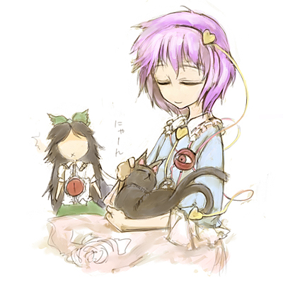 cervus, kaenbyou rin, kaenbyou rin (cat), komeiji satori, reiuji utsuho, touhou, lowres, 2girls, animal ears, brown hair, cat ears, cat girl, cat tail, female focus, hair ribbon, headpat, long hair, multiple girls, multiple tails, ribbon, short hair, skirt, tail, white background