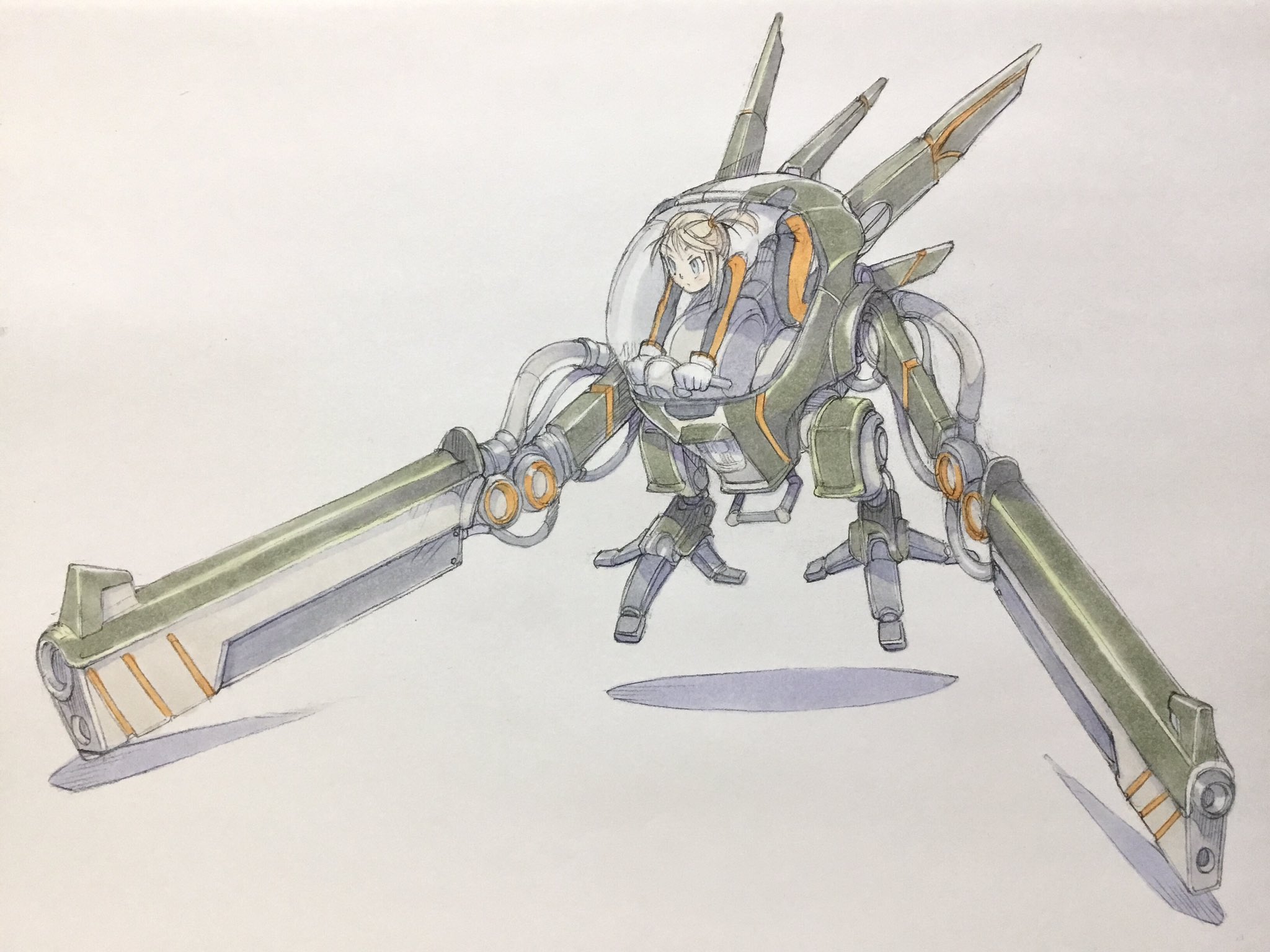 peter salt, original, highres, traditional media, 1girl, arm cannon, blonde hair, blue eyes, bodysuit, closed mouth, cockpit, floating, gloves, mecha, mecha focus, mecha pilot suit, non-humanoid robot, one side up, robot, short hair, sitting, solo, v-shaped eyebrows, weapon, white background, white gloves