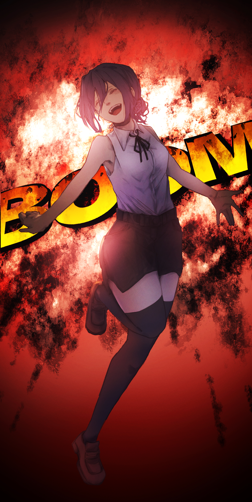 tayamayata, reze (chainsaw man), chainsaw man, highres, 1girl, black ribbon, black shorts, black thighhighs, brown shoes, closed eyes, collared shirt, explosion, explosion background, hair between eyes, hair bun, loafers, neck ribbon, open mouth, purple hair, ribbon, shirt, shirt tucked in, shoes, shorts, sleeveless, sleeveless shirt, solo, thighhighs, white shirt