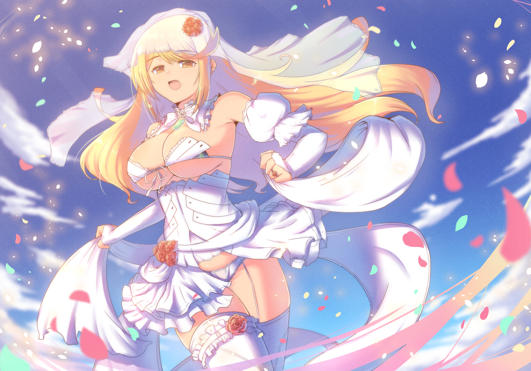 cat with a brush, mythra (xenoblade), xenoblade chronicles (series), xenoblade chronicles 2, commentary request, highres, 1girl, bikini, blonde hair, breasts, bridal bikini, bridal legwear, bridal lingerie, bridal veil, bride, chest jewel, core crystal (xenoblade), corset, detached sleeves, dress, flower, garter belt, hair flower, hair ornament, holding sash, jewelry, large breasts, leaf, lingerie, long hair, looking at viewer, nontraditional wedding dress, open mouth, pink flower, pink rose, puffy detached sleeves, puffy sleeves, ribbon, ring, rose, sash, solo, swept bangs, swimsuit, thick thighs, thighhighs, thighs, underwear, veil, wedding dress, white bikini, white corset, white garter belt, white ribbon, white thighhighs, yellow eyes