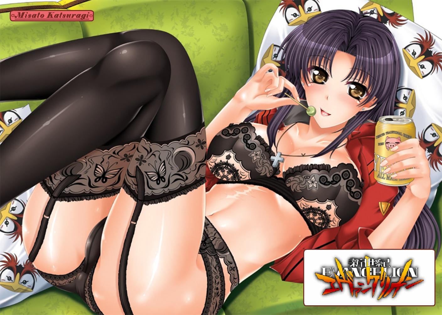 kizaki yuuri, katsuragi misato, neon genesis evangelion, crossed legs, jewelry, lingerie, necklace, purple hair, sitting, underwear, yellow eyes