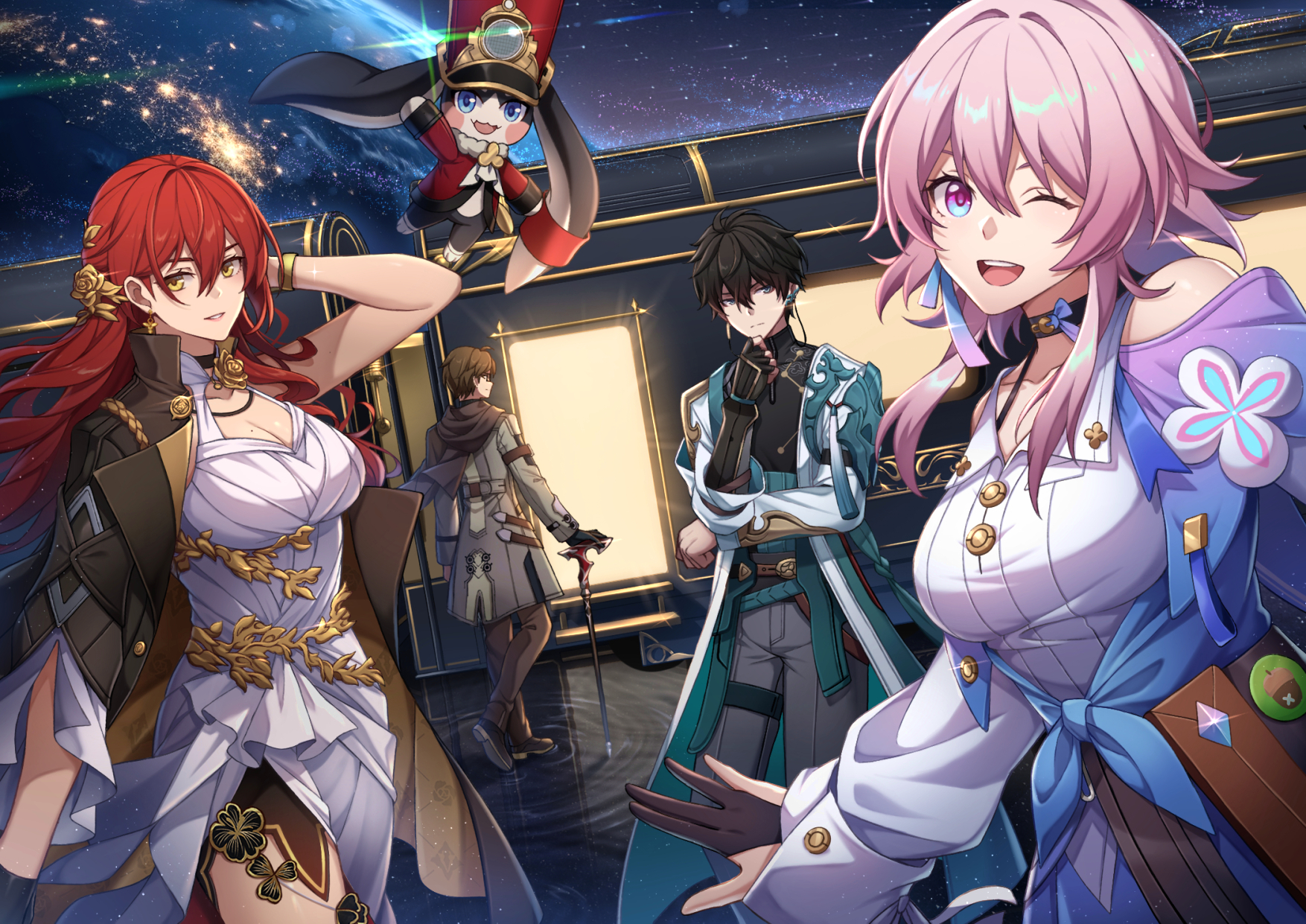 kiyo (chaoschyan), himeko (honkai: star rail), march 7th (honkai: star rail), murata himeko, honkai: star rail, honkai (series), 1other, 2boys, 2girls, animal ears, black hair, breasts, brown hair, dress, earrings, fingerless gloves, floating, gloves, gold, jewelry, large breasts, multiple boys, multiple girls, night, one eye closed, open mouth, pink hair, red eyes, red hair, smile, space, staff, star (symbol), train, train station, yellow eyes