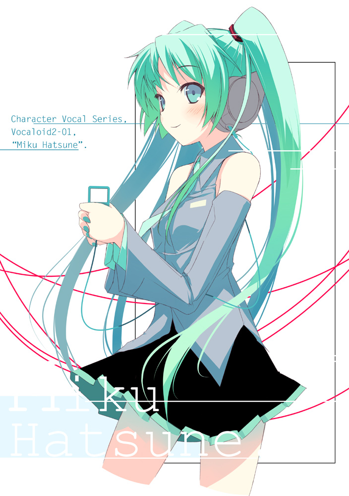 mizoguchi keiji, hatsune miku, vocaloid, 1girl, aqua eyes, aqua hair, aqua nails, detached sleeves, digital media player, female focus, headphones, long hair, nail polish, skirt, solo, twintails