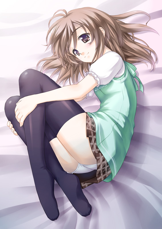 kazami haruki, original, 1girl, antenna hair, bed sheet, black thighhighs, female focus, hugging own legs, panties, pantyshot, plaid clothes, plaid skirt, skirt, solo, thighhighs, underwear, white panties