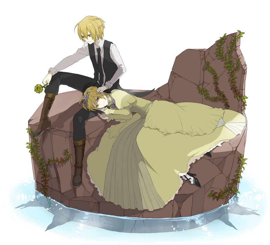 kurono yuu, allen avadonia, kagamine len, kagamine rin, riliane lucifen d'autriche, aku no musume (vocaloid), evillious nendaiki, vocaloid, bad id, bad pixiv id, 1boy, 1girl, black necktie, blonde hair, boots, brother and sister, crown, dress, flower, lying, necktie, red eyes, rose, siblings, twins