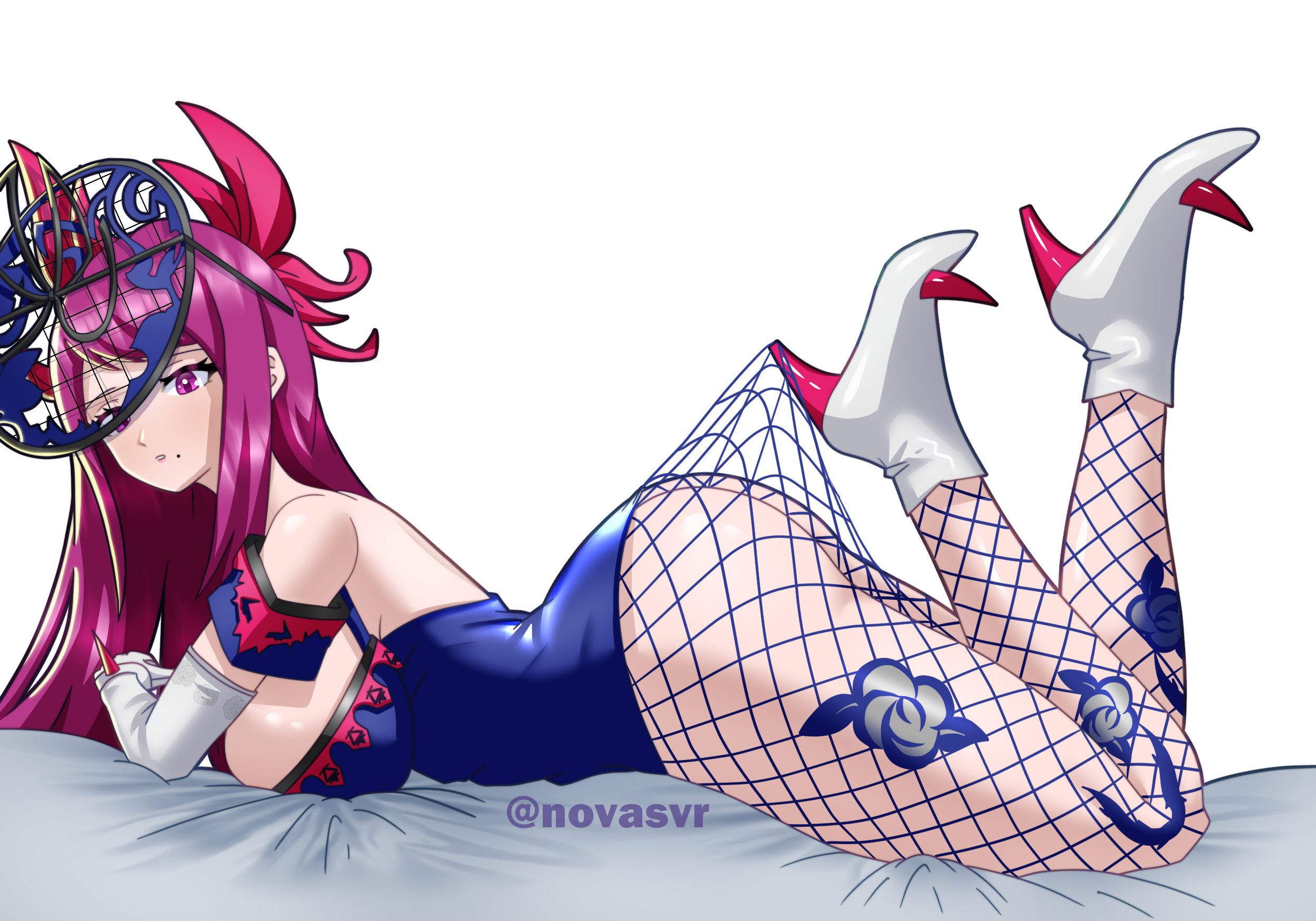 novasvr, ivy (fire emblem), fire emblem, fire emblem engage, nintendo, spiked, highres, 1girl, ass, blue leotard, breasts, elbow gloves, fascinator, fishnet pantyhose, fishnets, gloves, high heels, large breasts, leotard, long hair, looking at viewer, lying, mole, mole under mouth, on stomach, pantyhose, purple eyes, purple hair, see-through clothes, see-through headwear, thighhighs, thorn print, white gloves