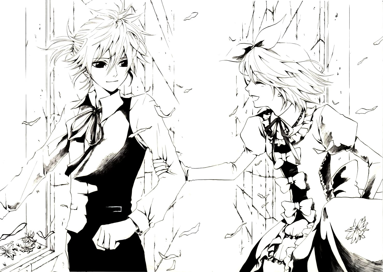 hakuseki, allen avadonia, kagamine len, kagamine rin, riliane lucifen d'autriche, aku no musume (vocaloid), evillious nendaiki, vocaloid, bad id, bad pixiv id, 1boy, 1girl, brother and sister, dress, formal clothes, greyscale, hair ribbon, monochrome, ribbon, short hair, siblings, smile, twins