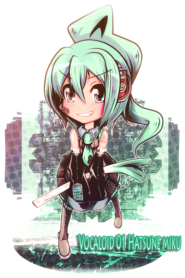 tanashi (mk2), hatsune miku, vocaloid, bad id, bad pixiv id, alternate hairstyle, aqua hair, chibi, detached sleeves, grin, headset, long hair, necktie, ponytail, smile, solo, spring onion