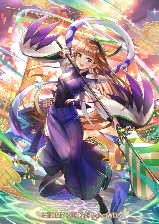 hokuyuu, anne (wixoss), wixoss, official art, 1girl, black shoes, blue eyes, bow, brown hair, copyright notice, dress, green bow, holding, holding staff, japanese clothes, looking at viewer, purple dress, shoes, shrine, solo, staff