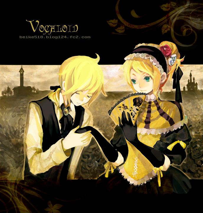shell (shell518), allen avadonia, kagamine len, kagamine rin, riliane lucifen d'autriche, aku no musume (vocaloid), evillious nendaiki, vocaloid, bad id, bad pixiv id, 1boy, 1girl, blonde hair, blue eyes, brother and sister, dress, flower, formal clothes, gloves, hair ribbon, hand fan, ribbon, rose, siblings, twins, victorian
