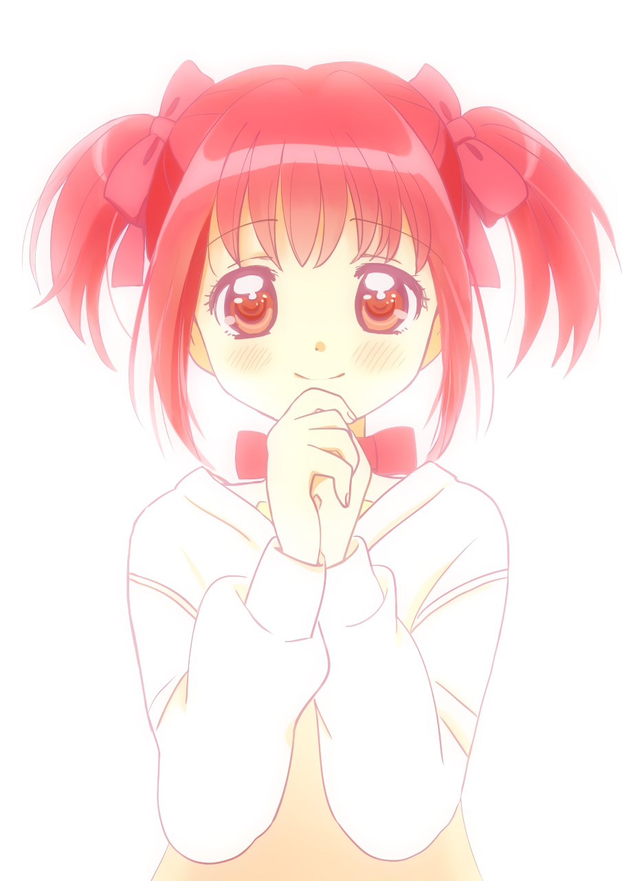kyanos (b 0000ff), momomiya ichigo, tokyo mew mew, highres, 1girl, hood, hoodie, looking at viewer, medium hair, neck ribbon, own hands clasped, own hands together, red eyes, red hair, ribbon, sidelocks, simple background, smile, twintails, upper body, white background, white hoodie