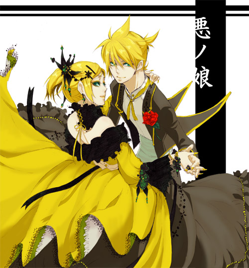 gu-cha, gucha (netsu), allen avadonia, kagamine len, kagamine rin, riliane lucifen d'autriche, aku no musume (vocaloid), evillious nendaiki, vocaloid, bad id, bad pixiv id, 1boy, 1girl, blonde hair, brother and sister, crown, dress, flower, green eyes, hair ribbon, jewelry, ribbon, rose, short hair, siblings, smile, twins, victorian