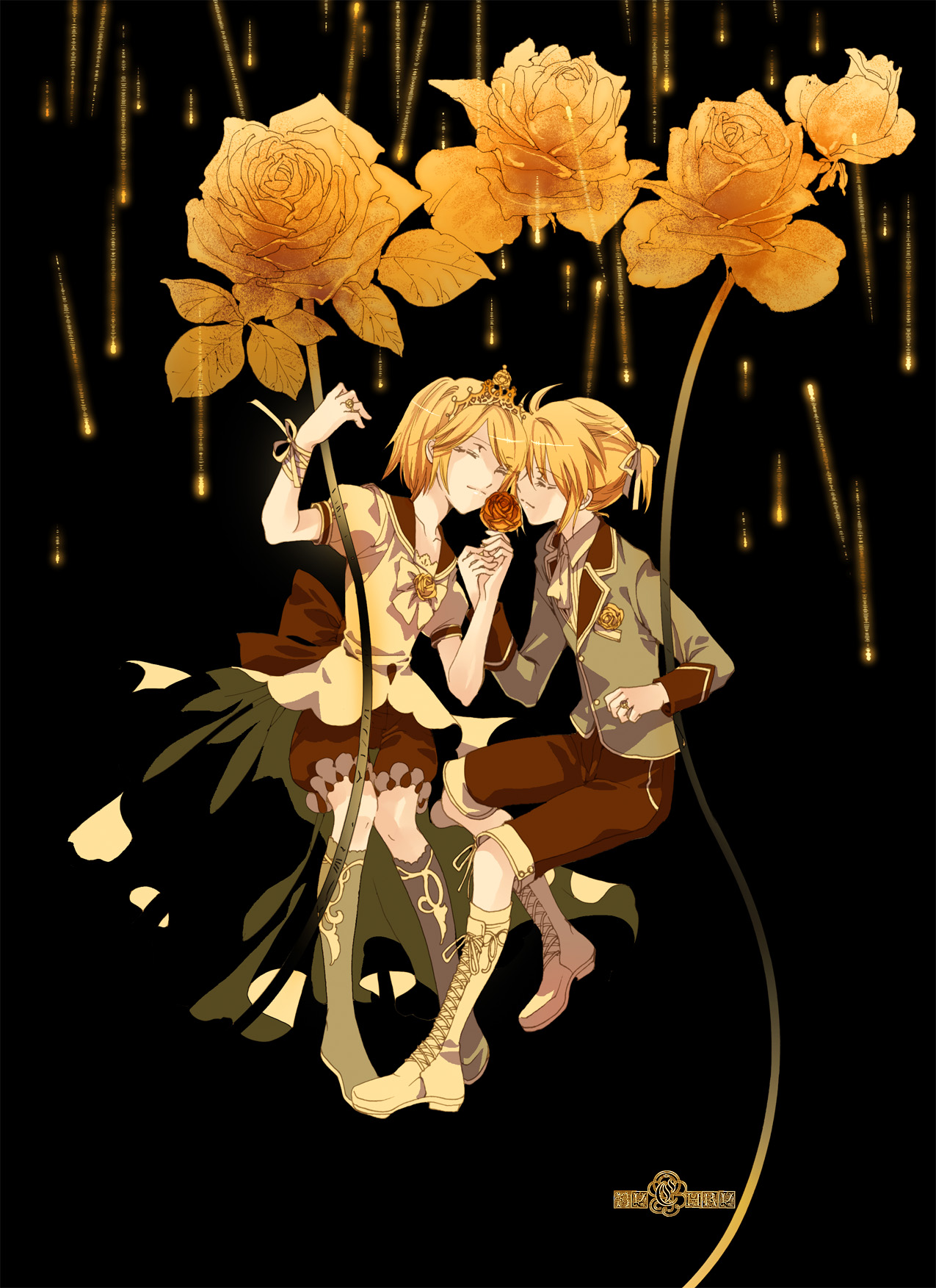 chry (abbey bc), kagamine len, kagamine rin, riliane lucifen d'autriche, aku no musume (vocaloid), evillious nendaiki, vocaloid, bad id, bad pixiv id, highres, 1boy, 1girl, blonde hair, boots, brother and sister, crown, flower, hair ribbon, ribbon, rose, short hair, shorts, siblings, sitting, twins