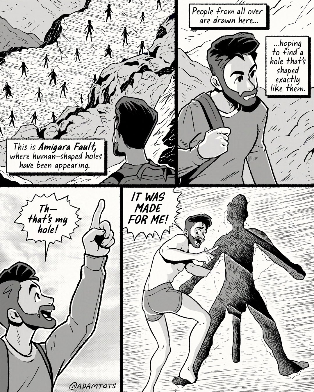 adam ellis, original, the enigma of amigara fault, highres, backpack, bag, beard, cliff, english text, facial hair, full beard, greyscale, long sleeves, male focus, male underwear, monochrome, open mouth, person-shaped hole, pointing, shirt, shouting, speech bubble, twitter username, underwear, underwear only, walking