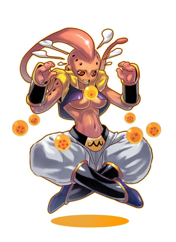 fengmo, majin buu, super buu, dragon ball, dragonball z, 1girl, black sclera, boots, bracer, breasts, colored sclera, colored skin, crossed legs, dragon ball (object), female focus, genderswap, genderswap (mtf), harem pants, indian style, large breasts, midriff, pants, pink skin, red eyes, sitting, solo, underboob, vest