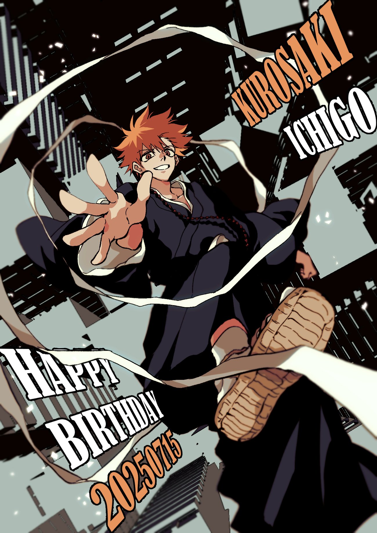 kurosaki ichigo, bleach, highres, 1boy, black kimono, brown eyes, character name, dated, foot out of frame, hair between eyes, happy birthday, japanese clothes, kimono, male focus, n ep tune2, orange hair, outstretched hand, parted lips, sandals, shihakusho, short hair, smile, solo, spiked hair, tabi, teeth