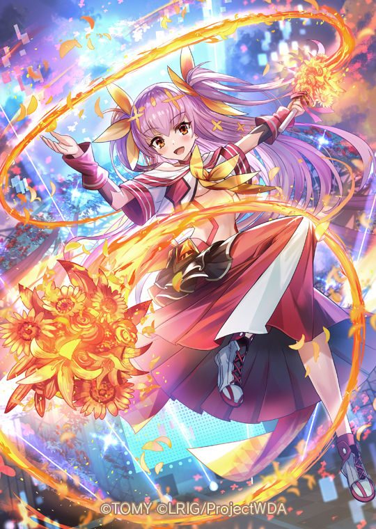 hokuyuu, hanayo (wixoss), wixoss, official art, 1girl, cherry blossoms, copyright notice, fire, hakama, holding, holding wand, japanese clothes, long hair, looking at viewer, night, night sky, open mouth, pink hair, red eyes, red hakama, sandals, shrine, sky, smile, solo, star (sky), starry sky, two side up, very long hair, wand, white sandals