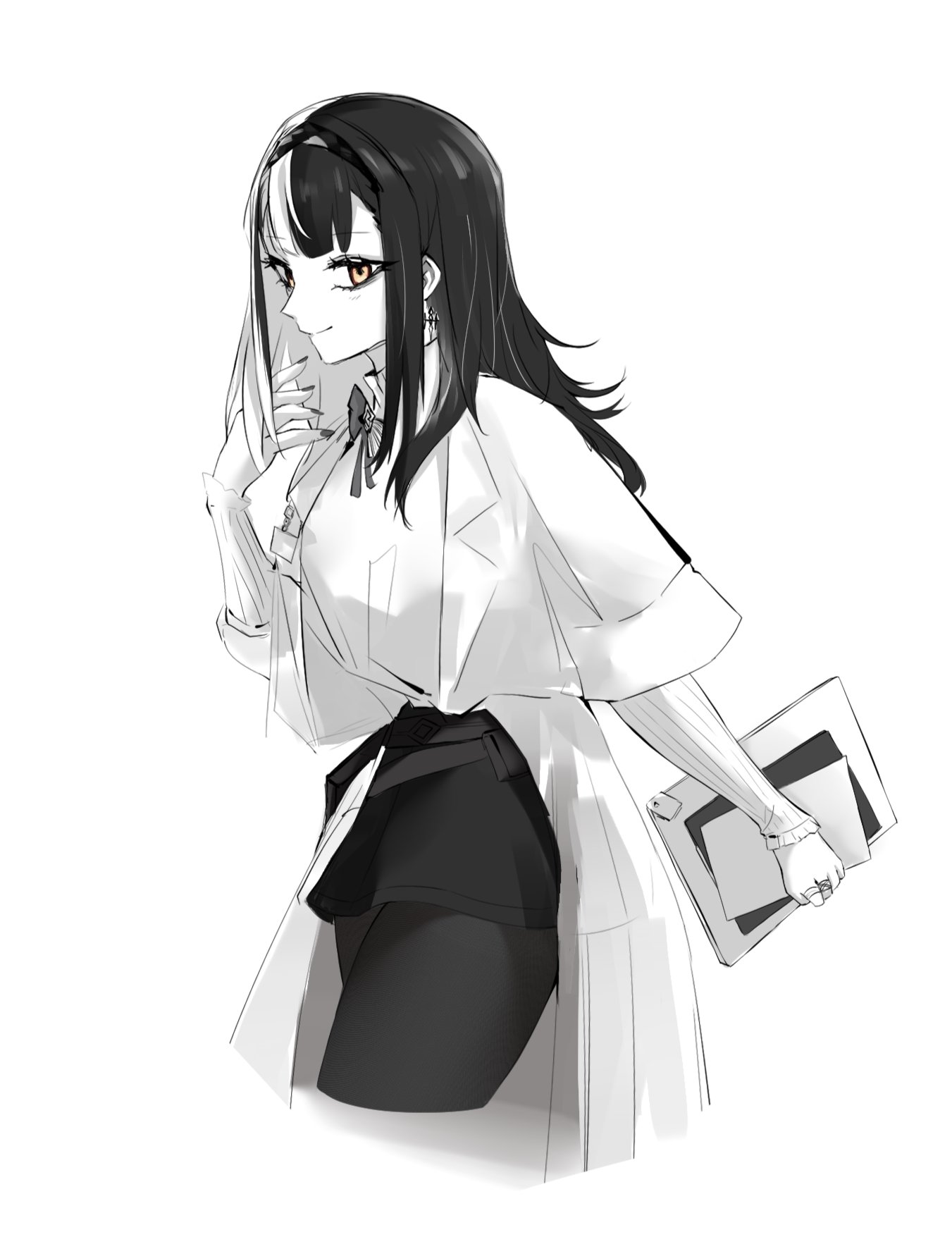 gloryaldelly, priestess (arknights), shiori novella, arknights, hololive, hololive english, highres, 1girl, alternate costume, closed mouth, holding, holding tablet pc, jacket, long hair, pantyhose, skirt, smile, solo, spot color, tablet pc, virtual youtuber, yellow eyes