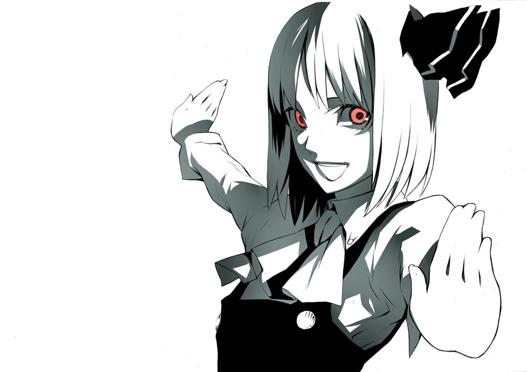 onigunsou, rumia, embodiment of scarlet devil, touhou, 1girl, bow, female focus, foreshortening, hair bow, monochrome, red eyes, smile, solo, spot color