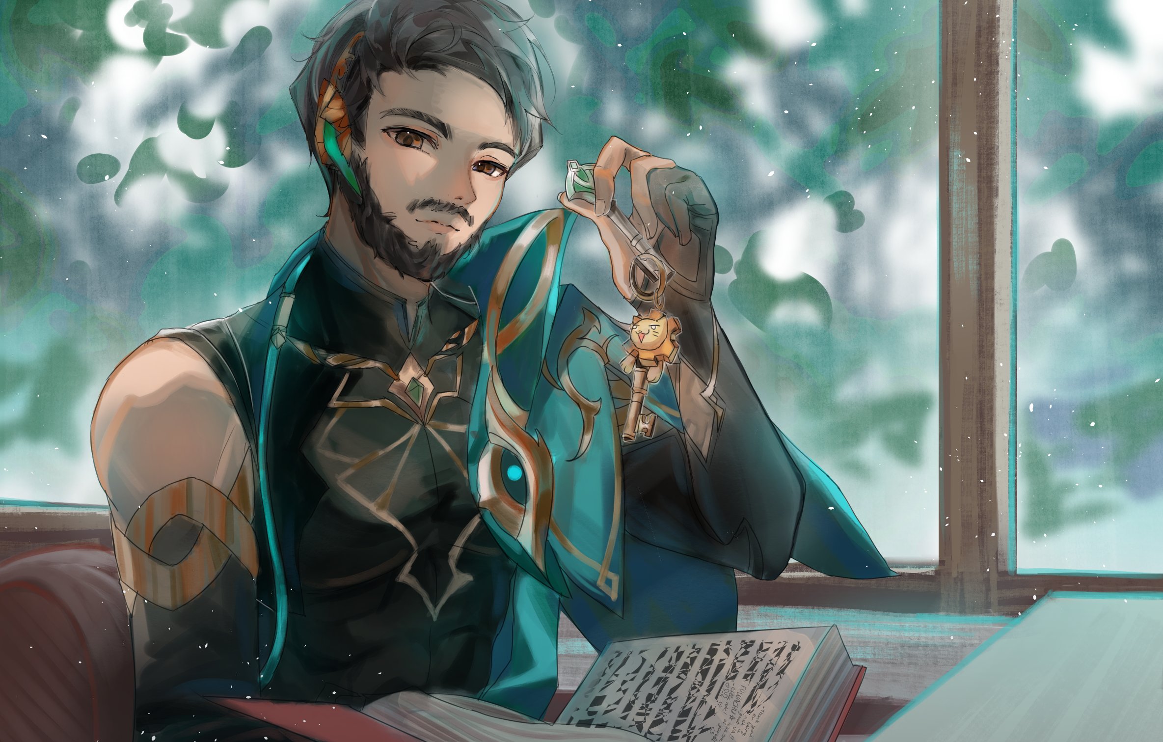 kanako (fuwachu), alhaitham (genshin impact), genshin impact, real life, commentary, english commentary, highres, 1boy, animification, beard, black gloves, black shirt, blurry, blurry foreground, book, brown eyes, cape, chest jewel, closed mouth, compression shirt, detached sleeves, facial hair, fingernails, gem, gloves, gold trim, green cape, green gemstone, hair ornament, hand up, holding, holding key, key, light particles, long sleeves, looking at viewer, male focus, mustache, nazeeh tarsha, open book, partially fingerless gloves, pectorals, shirt, short hair, side cape, sitting, solo, table, tan, thick eyebrows, voice actor, voice actor connection, window