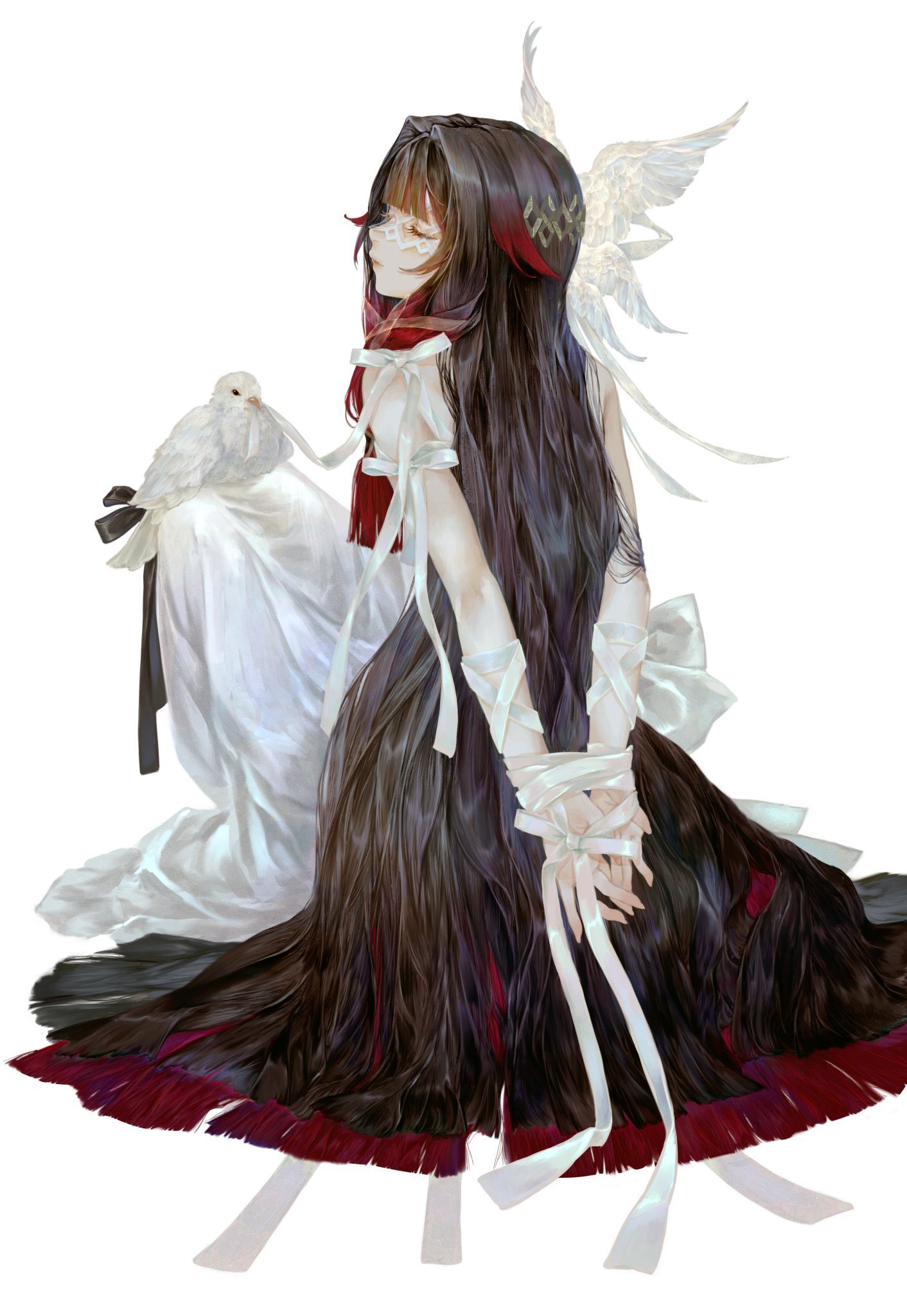 shirone (coxo ii), columbina (genshin impact), genshin impact, highres, 1girl, animal, arms behind back, back bow, bird, black hair, blunt bangs, bound, bound wrists, bow, closed eyes, closed mouth, cowlick, dove, dress, eye mask, full body, gradient hair, hair intakes, hair ornament, hair ribbon, head wings, long hair, low-tied sidelocks, mask, multicolored hair, red hair, ribbon, sidelocks, simple background, sitting, sleeveless, sleeveless dress, solo, streaked hair, two-tone hair, very long hair, white background, white bow, white dress, white ribbon, wing hair ornament, wings