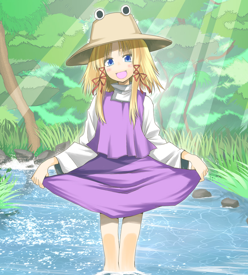 hane (hanegoya), moriya suwako, touhou, 1girl, :d, blonde hair, blue eyes, blush, clothes lift, female focus, hair ribbon, hat, head tilt, light rays, looking at viewer, nature, open mouth, ribbon, skirt, skirt hold, skirt lift, smile, solo, standing, sunbeam, sunlight, wading, water